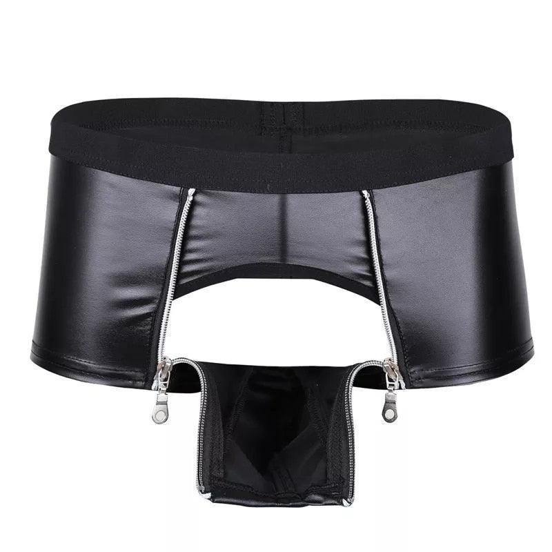 Leather Look Open Crotch Short Pants - LUSTLOVER