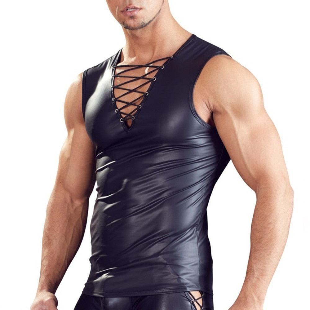 Mens Sexy Faux Leather T-Shirt Black - LUSTLOVER