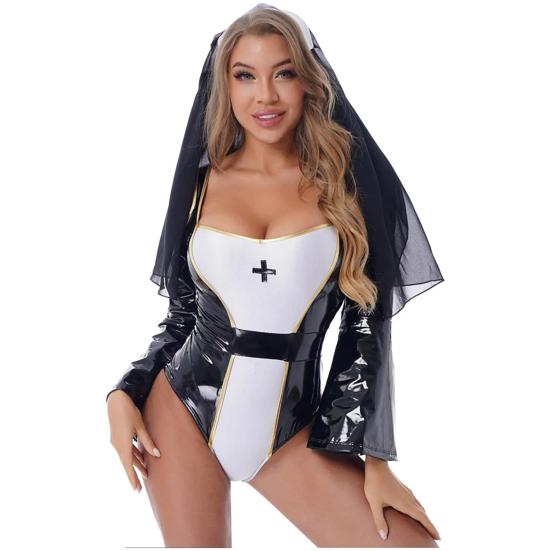 Nun Cosplay Wet Look Costume - LUSTLOVER